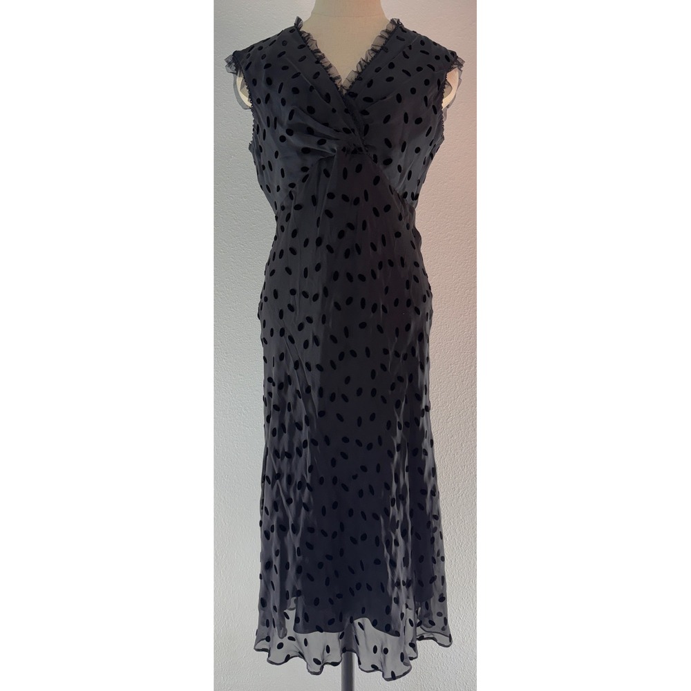 Vintage 90s Y2K Nine West Black Velvet Polka Dot Midi Dress Silk Blend Size 8